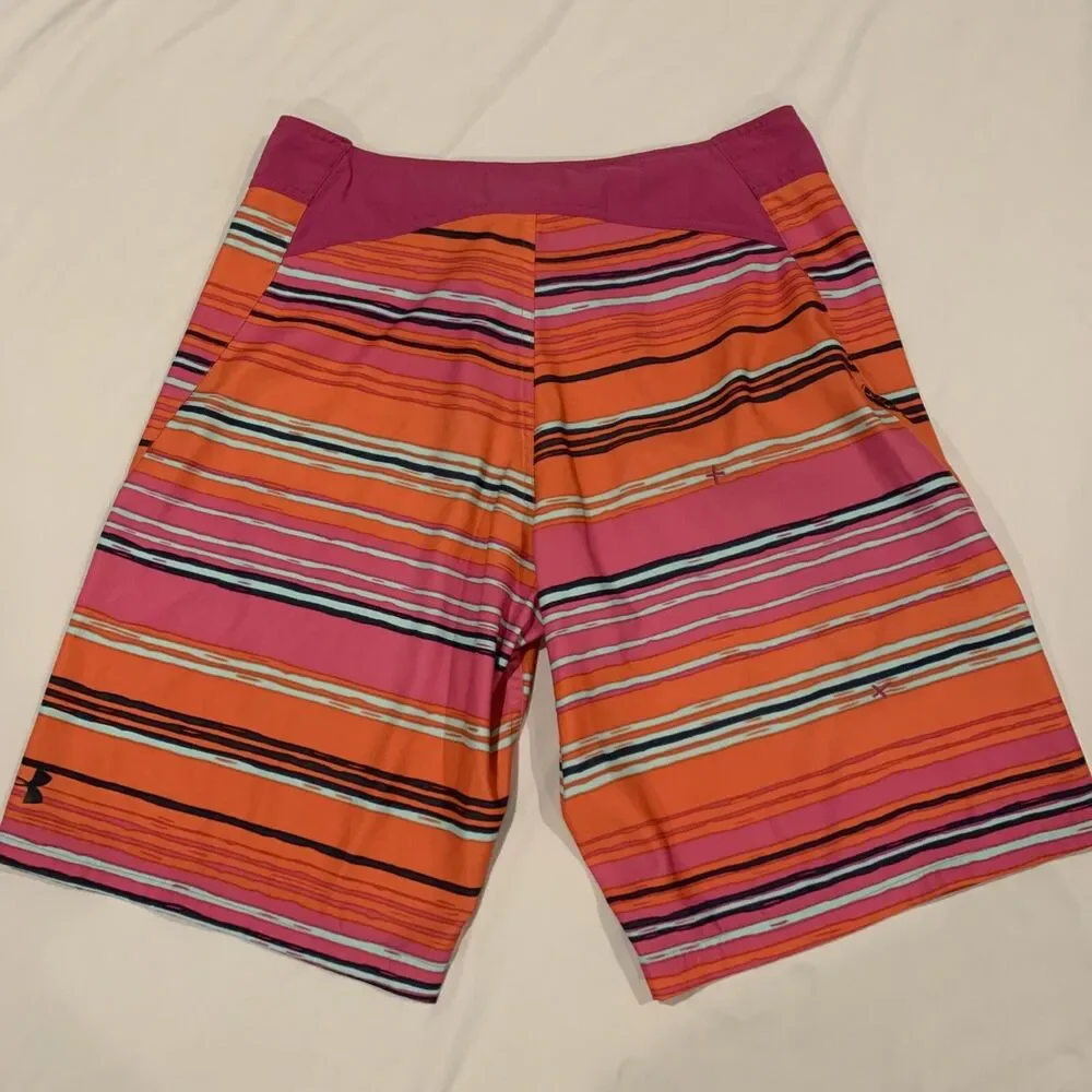 Under Armour Men's Pink Orange Striped BOARDSHORTS Sz 32 x 10 SURF SWIM TRUNKS
